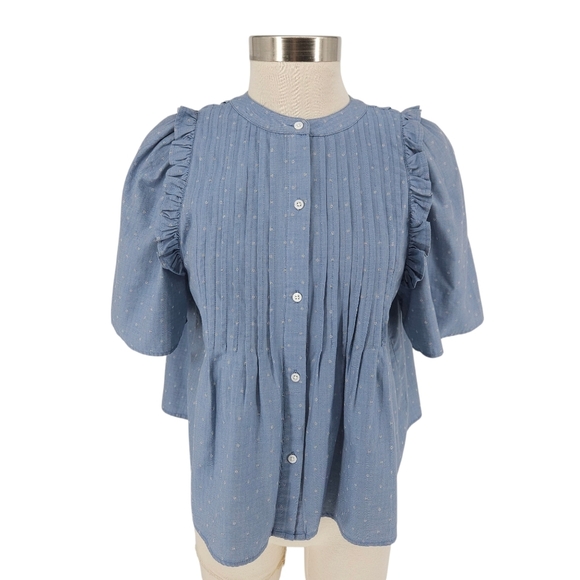 Joie Tops - JOIE Shirt Blue Polka Dot Pleated Ruffle Short Sleeve Button Up Top Blouse Small